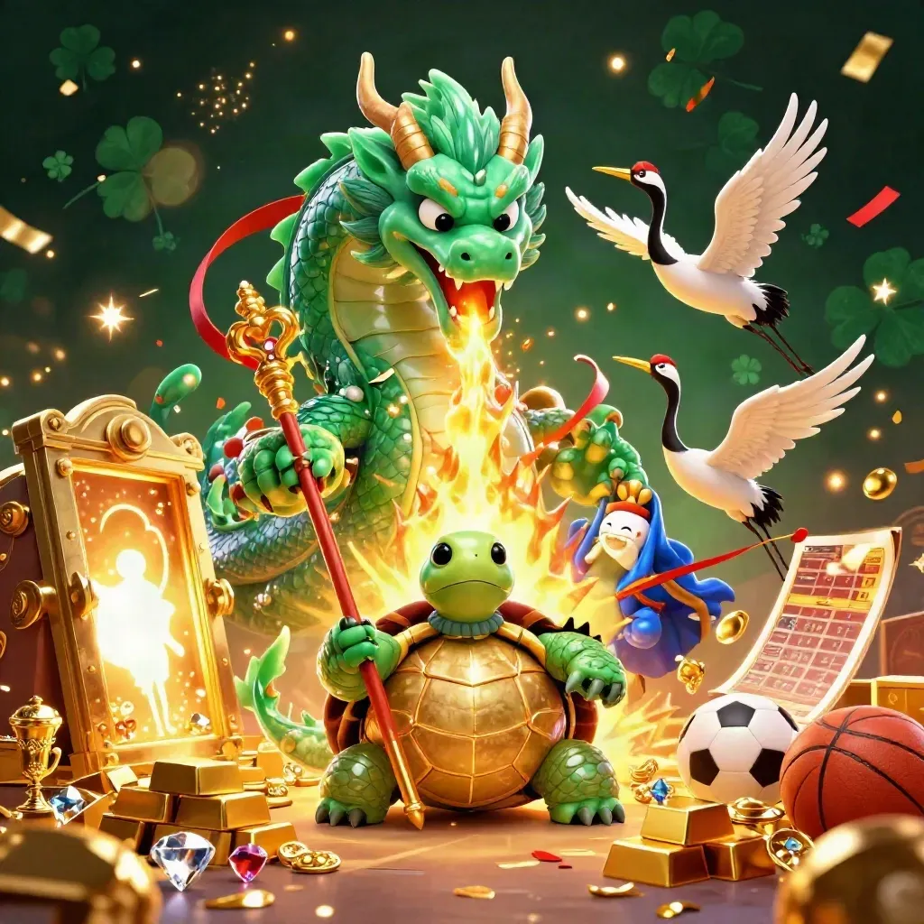 Emerald dragon, sage turtle, and ribbon cranes amid a gold vault burst and casino sparkle.