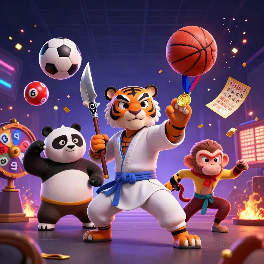Kung-fu tiger, panda, and monkey amid flying balls, medals, and casino lights.