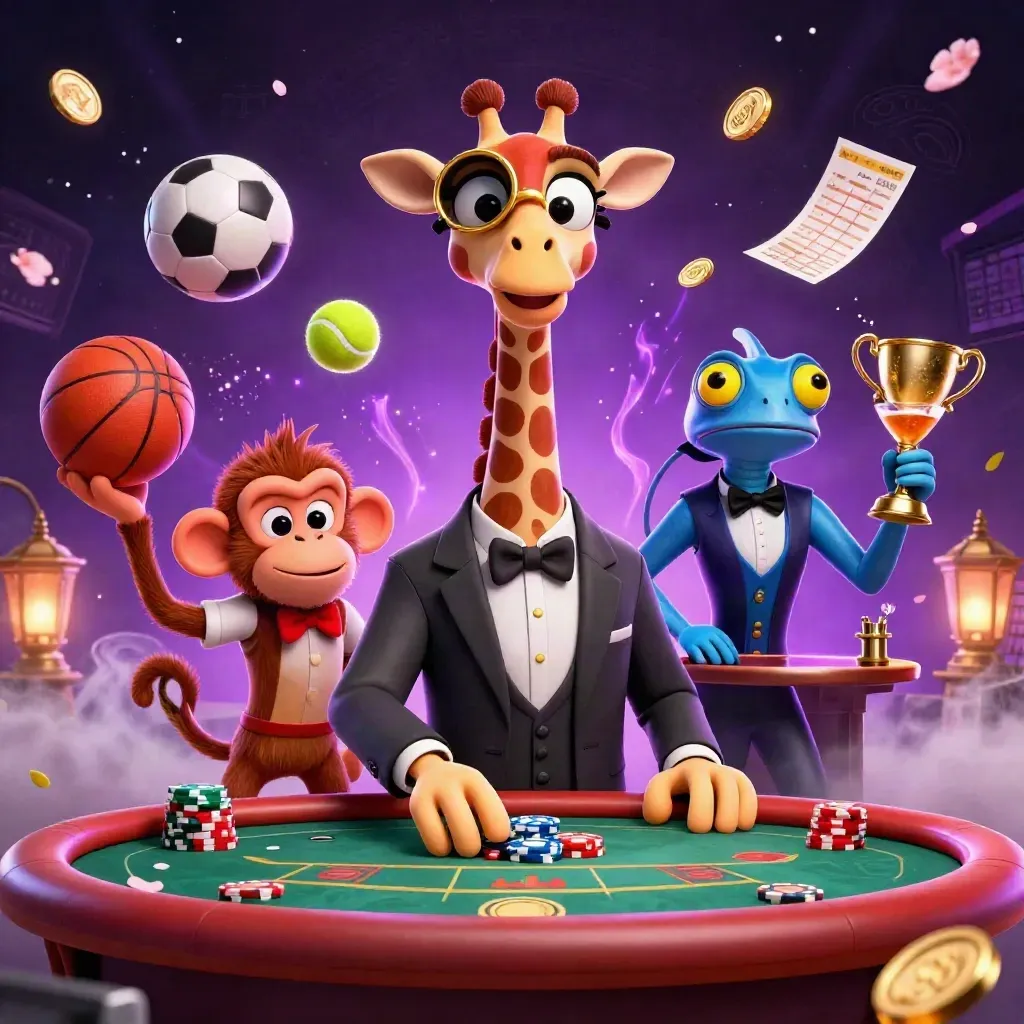 Giraffe, monkey, and chameleon at a casino table amid flying sports balls and gold coins.