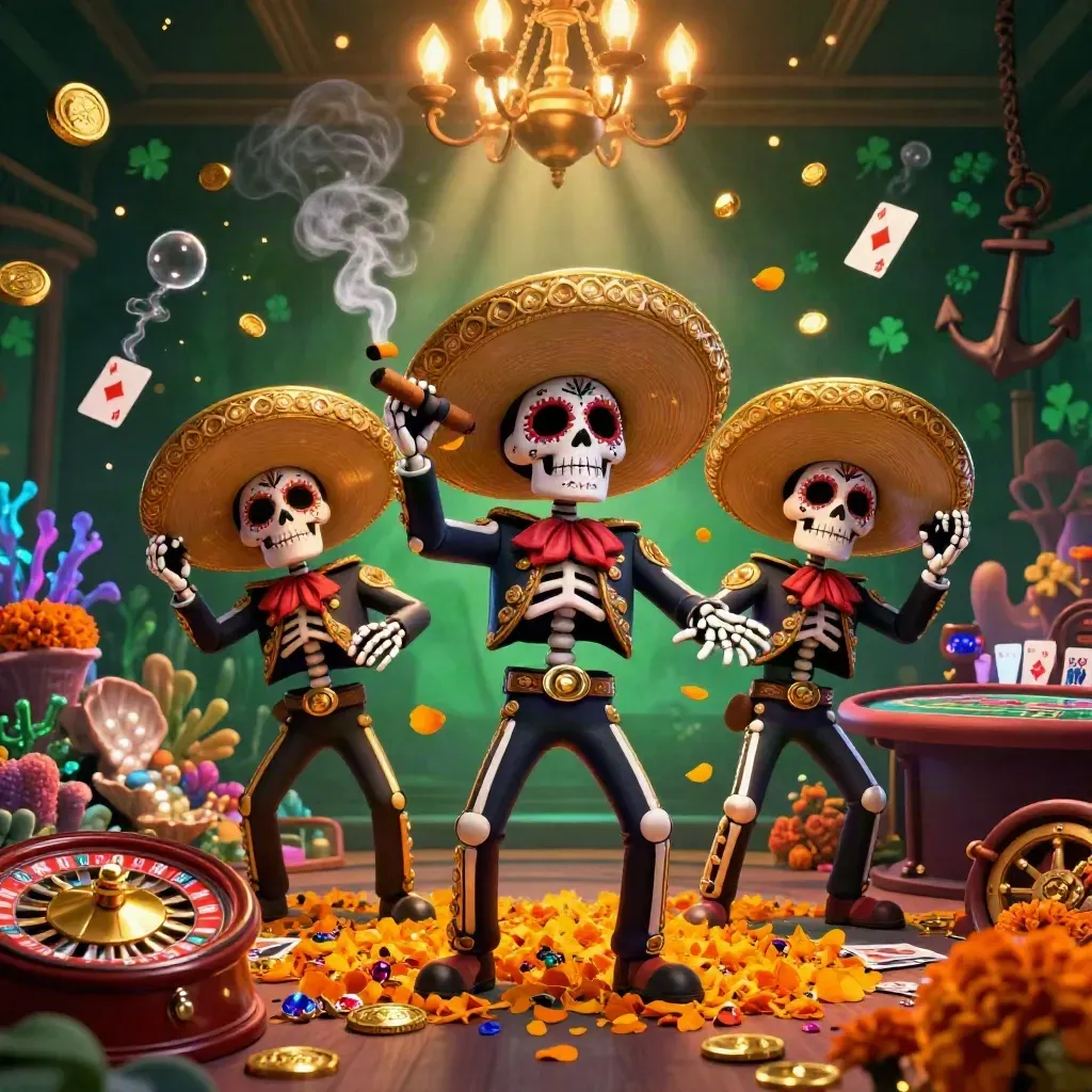 Skeleton mariachi trio in a glowing treasure-casino scene with gold, coral, and brass.