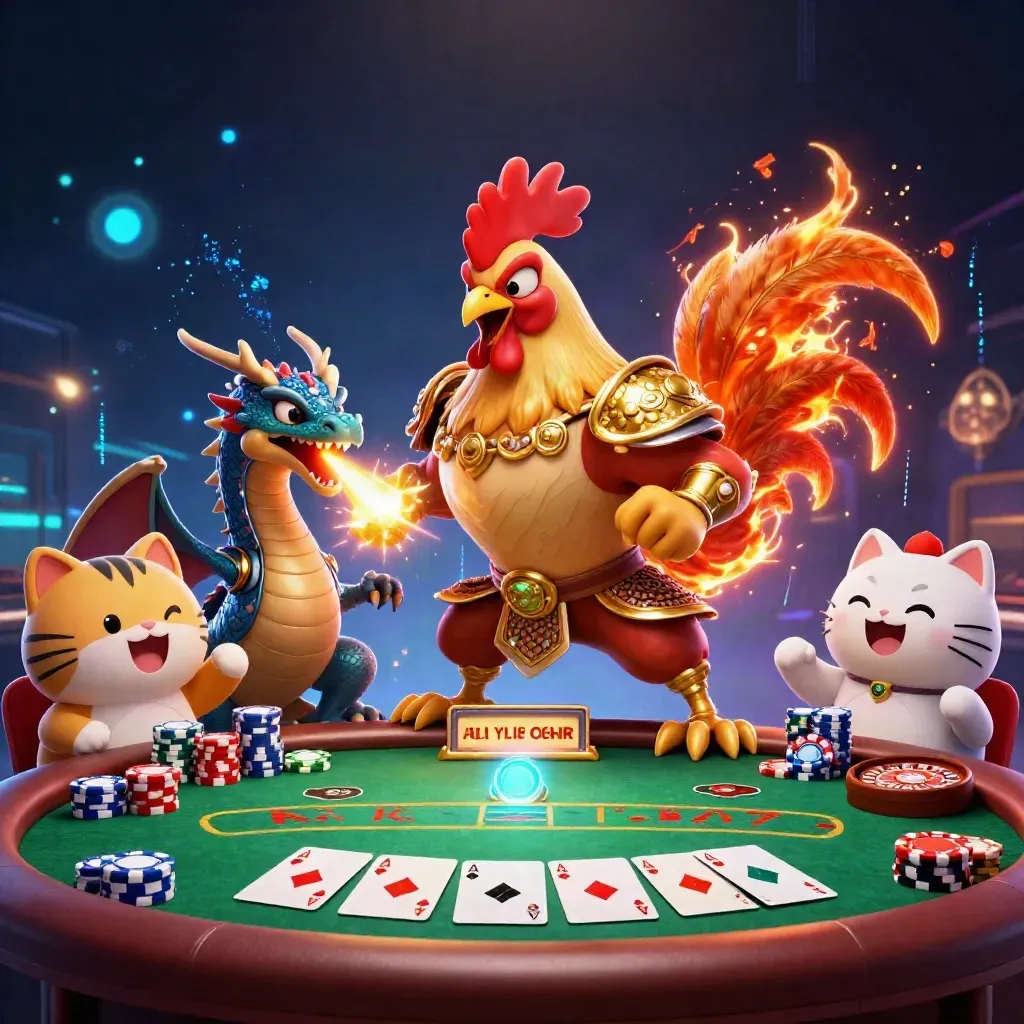 Rooster samurai, spark-breathing hatchling, and fortune cat amid poker, roulette, and neon casino glow