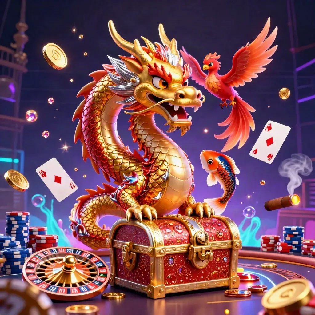 Golden dragon, phoenix, koi, and casino treasures in a neon-lit fantasy scene
