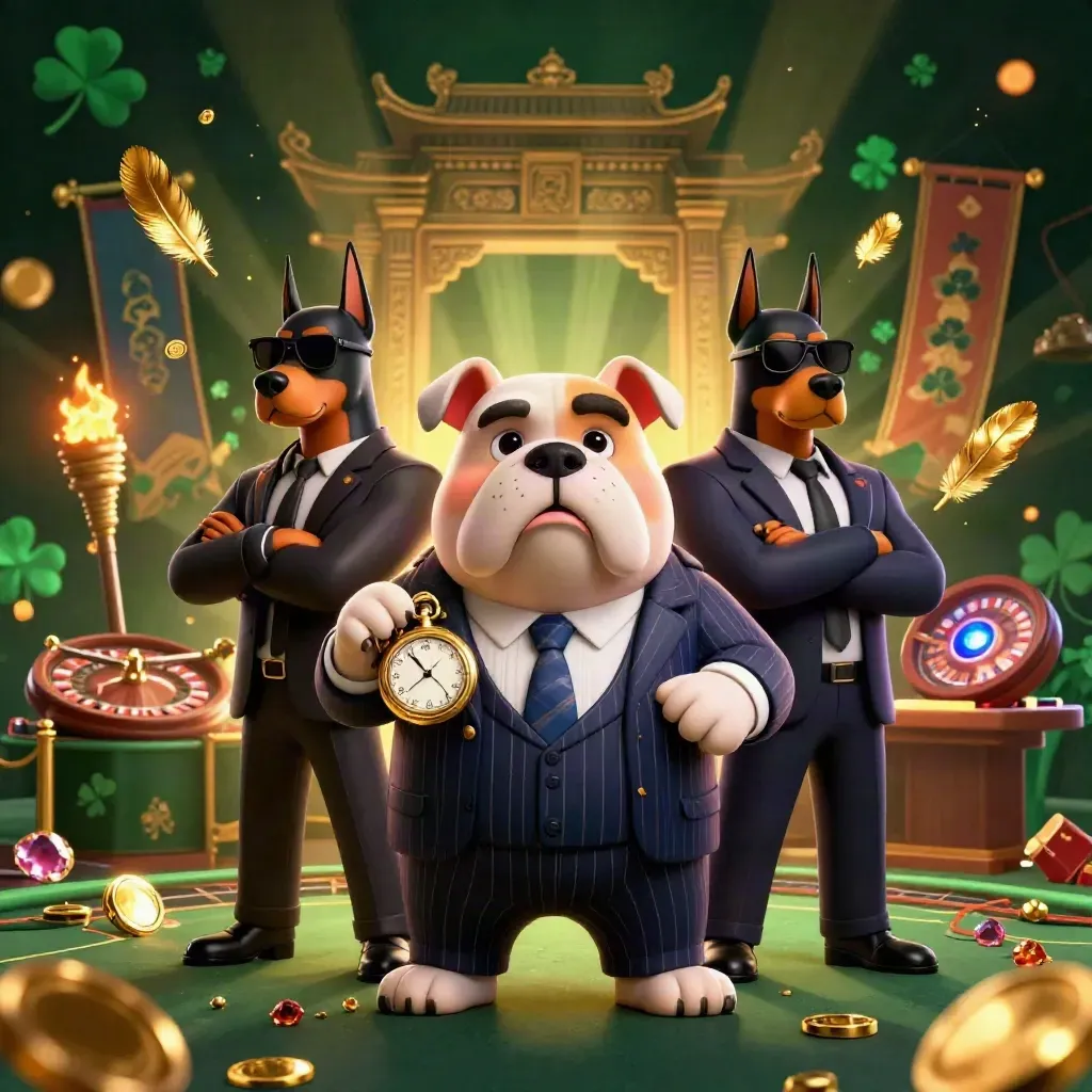Cartoon mafia bulldog with Dobermans in a glowing emerald casino, coins, feathers, and gold light.