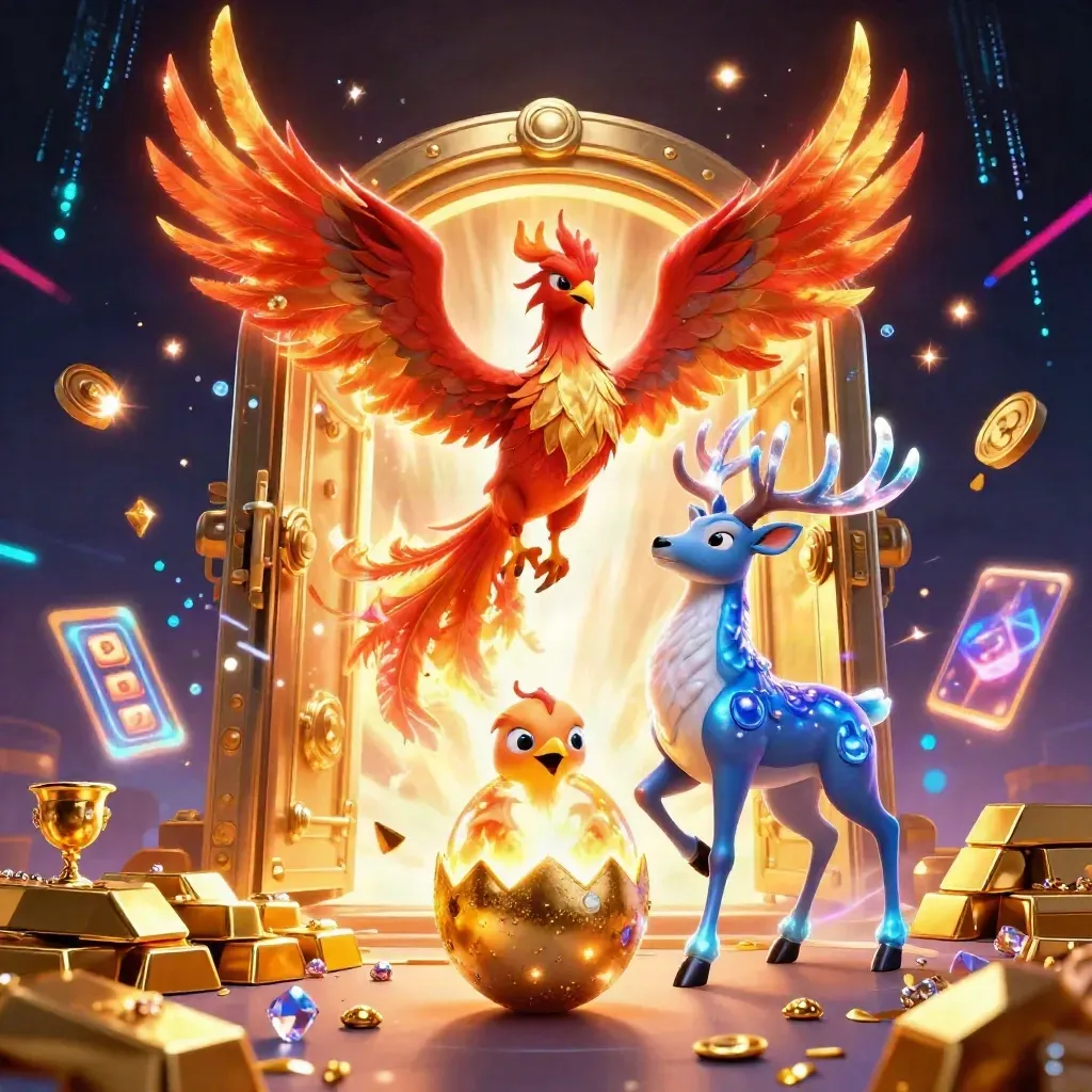 Phoenix, hatching chick, and crystal stag burst from a vault amid gold and cyan sparks.