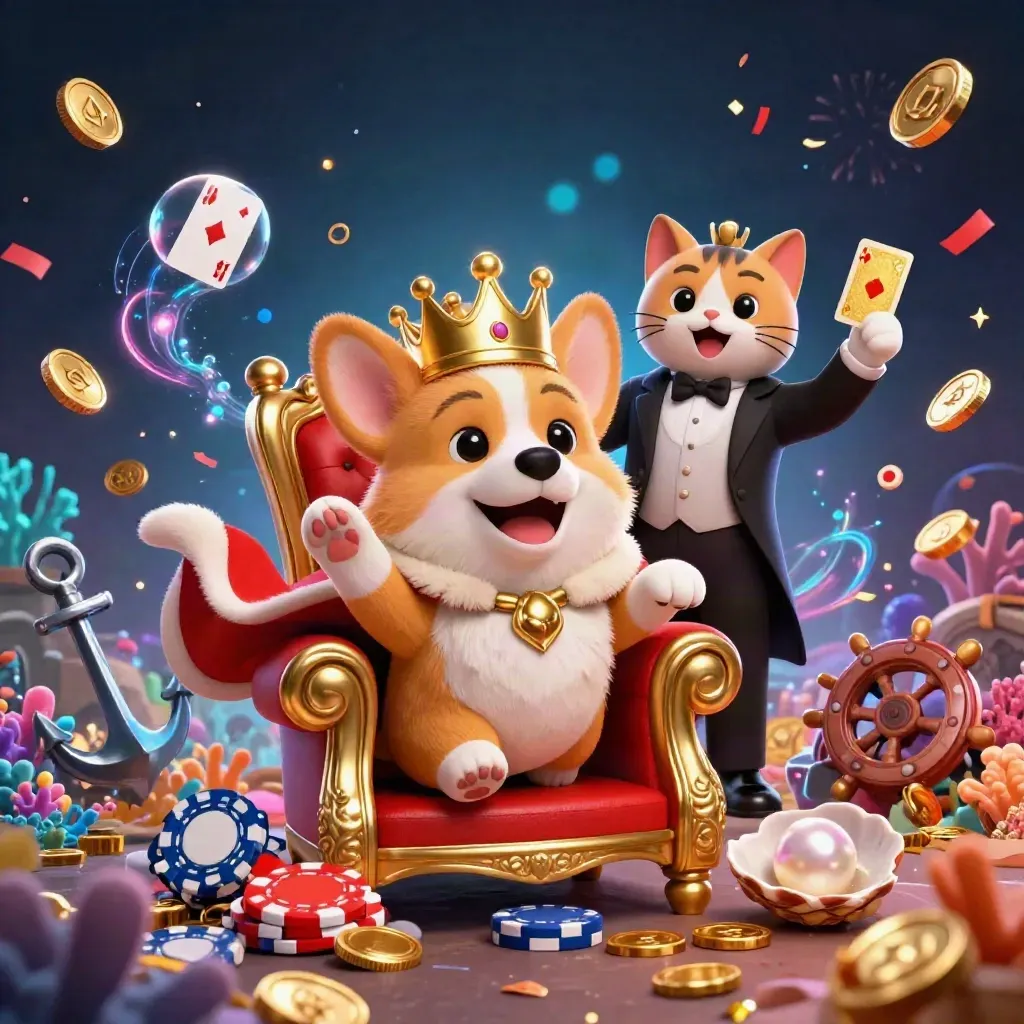Royal corgi and cat butler amid treasure, coral, coins, and neon underwater magic.