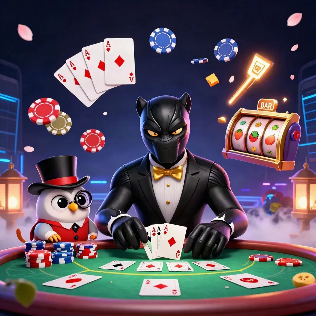 Panther, owl, and mouse play cards amid chips, neon reels, and casino lights on a dark grid.