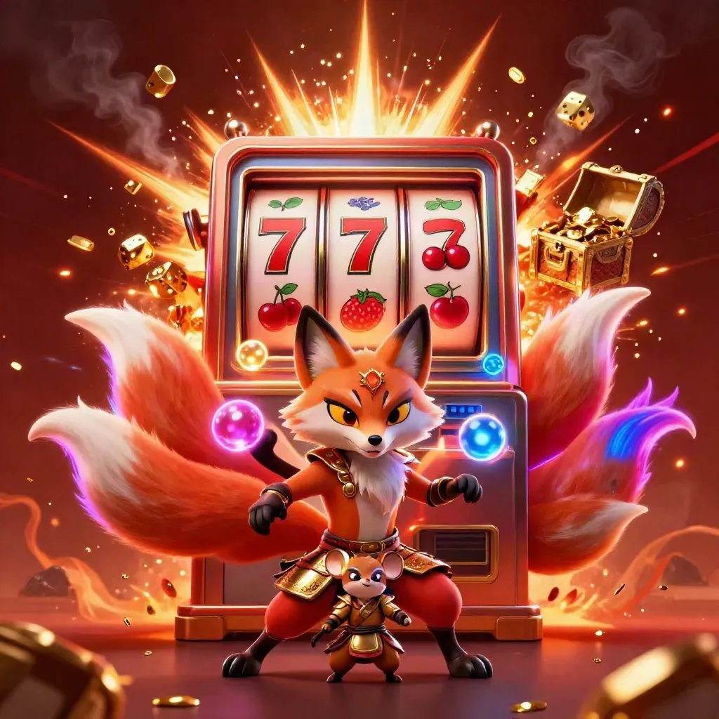 Fox spirit and samurai mouse amid exploding slot machine, gold, embers, and neon casino glow.