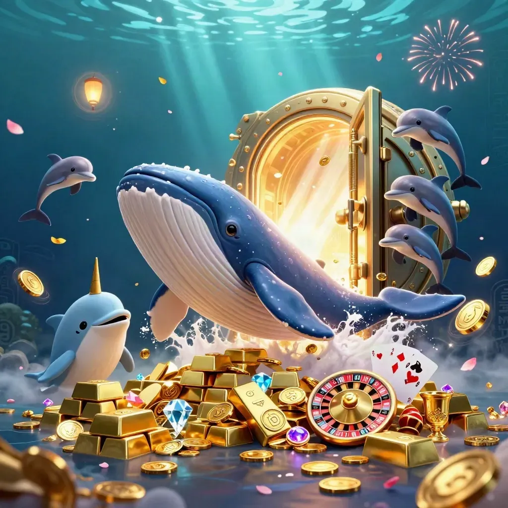 Captain whale, narwhal, and dolphins burst from coins and vault light in a casino sea