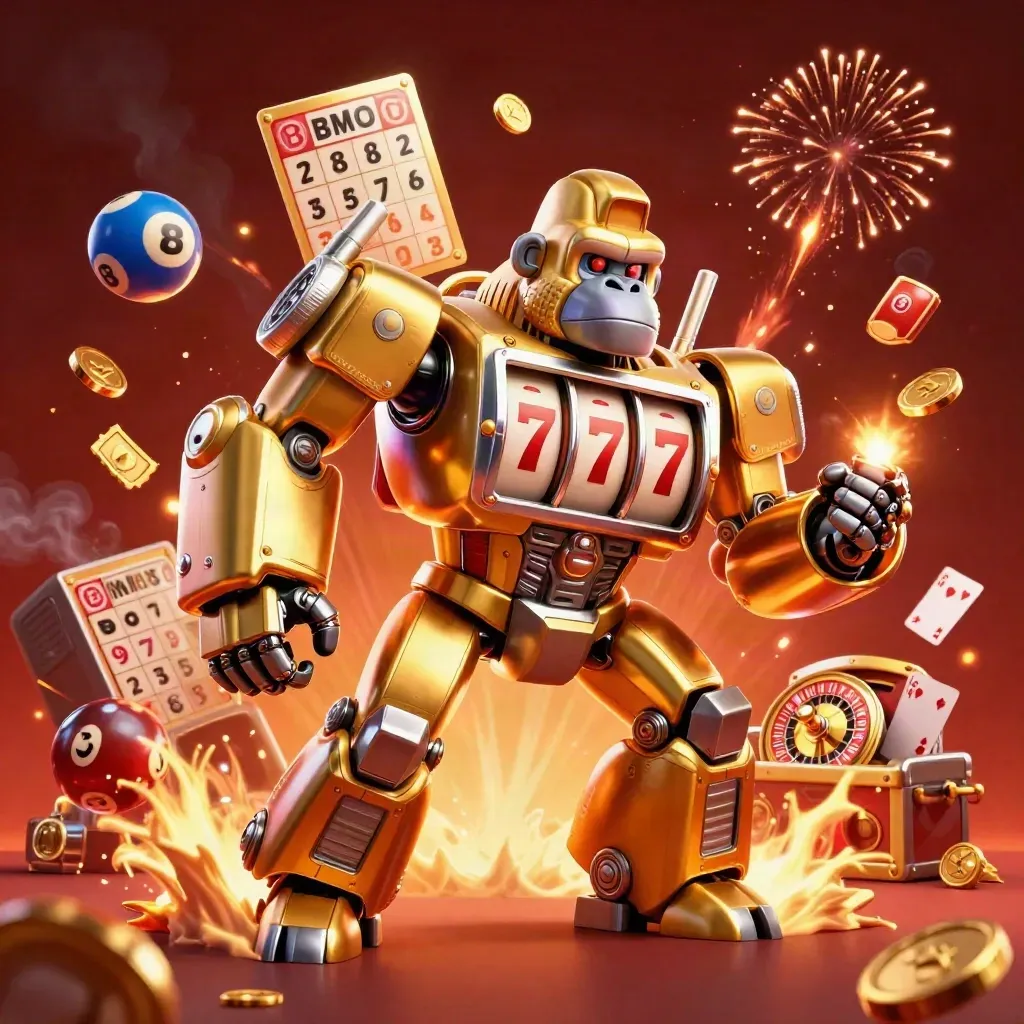 Golden gorilla mech with monkey pilot, casino bursts, coins, lottery balls, fireworks in crimson glow