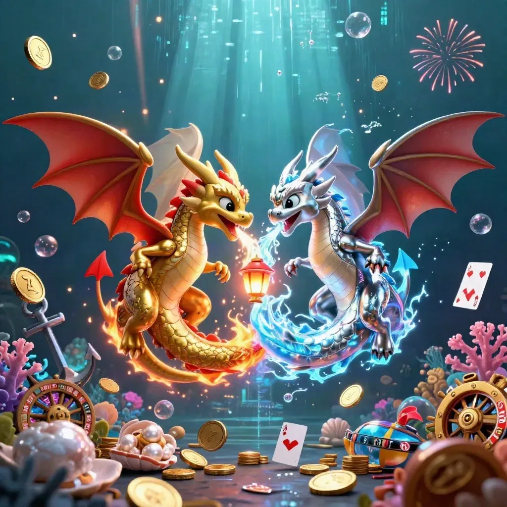 Gold and silver dragons spiral above an underwater treasure burst with coins, coral, cards, and sparks