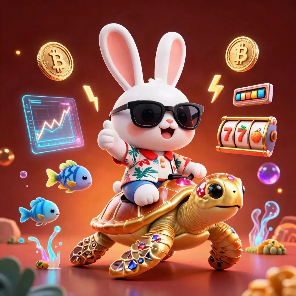 Rabbit on a golden sea turtle with neon casino coins, fish, and glowing effects