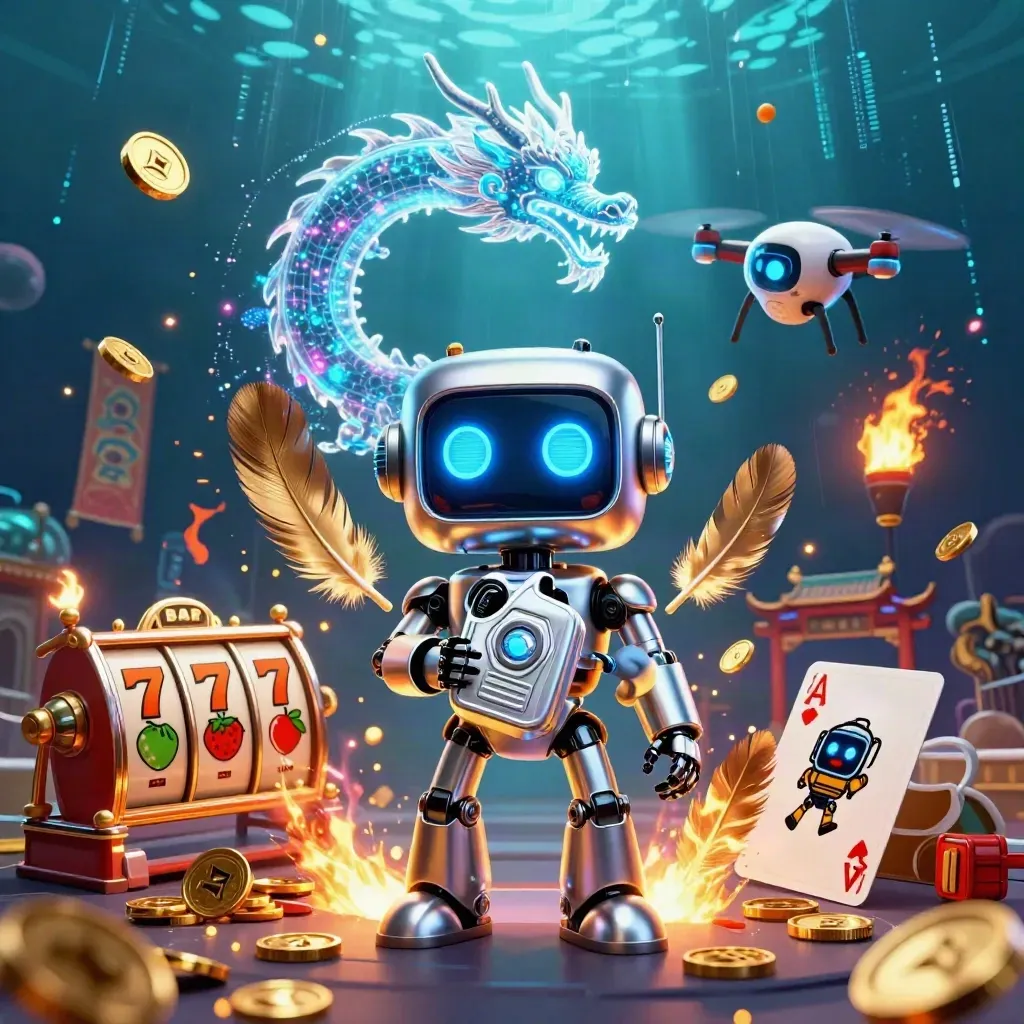 Chrome robot, holographic dragon, and coin drone amid casino relics, coins, and teal depths.