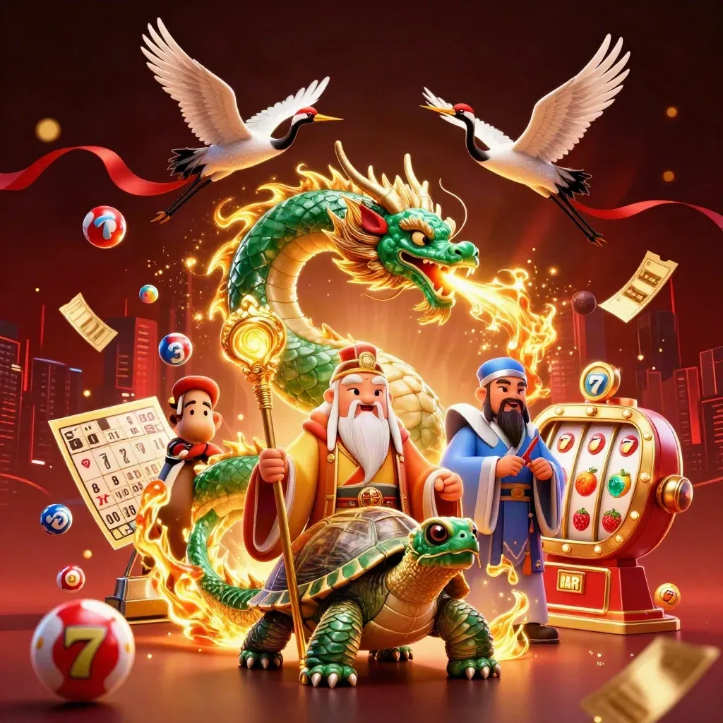 Emerald dragon, turtle sage, and cranes amid casino symbols on a dark red neon backdrop.