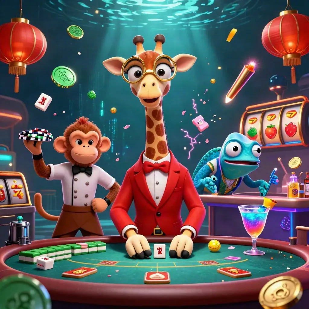 Giraffe high roller with monkey valet and chameleon bartender amid casino effects and glowing game icons