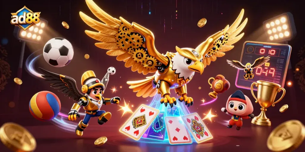 ad88 casino experience with a cybernetic golden eagle soaring through playing cards and vibrant sports elements