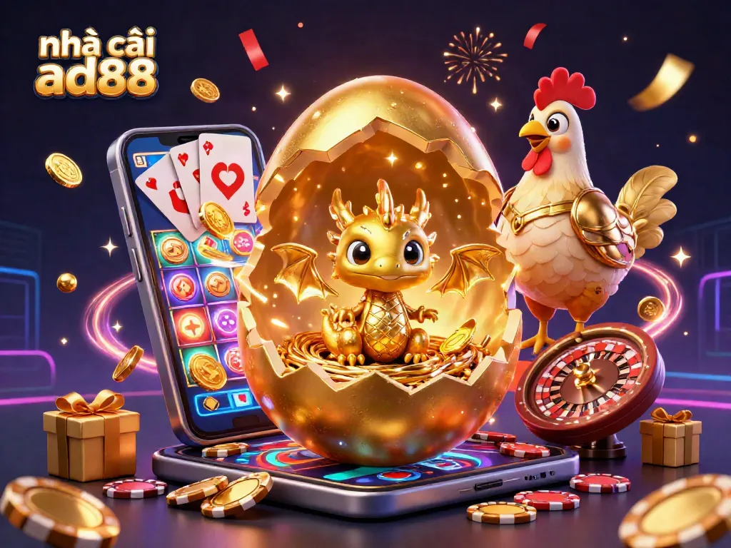 Engaging illustration of nhà cái ad88 featuring a golden dragon and exciting casino elements.