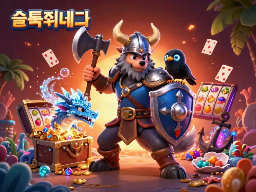 Experience the thrill of 슬롯사이트 in an engaging 3D cartoon scene featuring slot elements and dynamic characters.