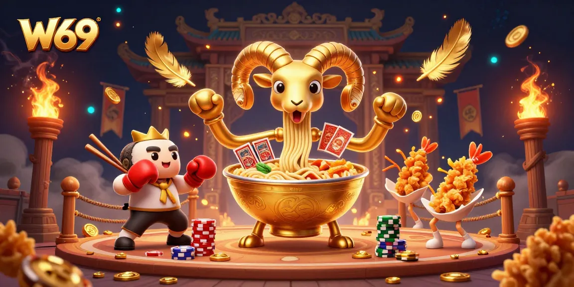Experience thrilling casino action with W69 as a giant ramen bowl deals cards surrounded by vibrant game elements.