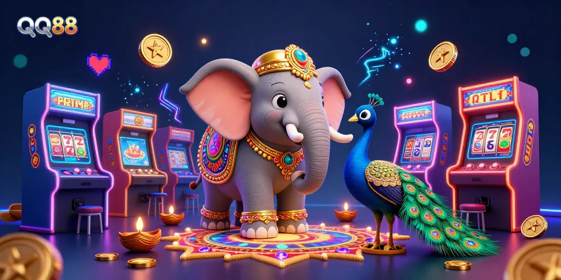 Experience vibrant gaming with QQ88 in a colorful 3D casino illustration featuring festive elements and lively game symbols.