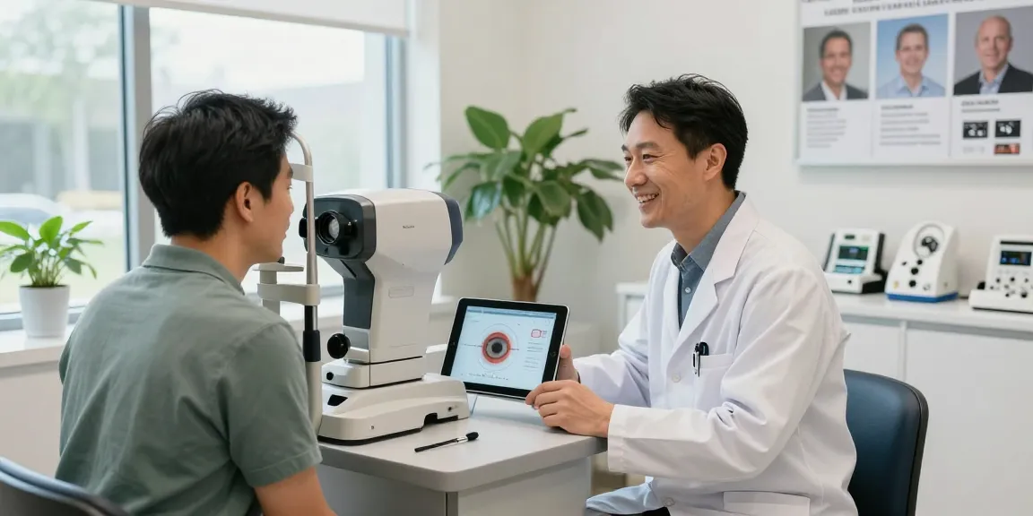 Consultation about lasik in denver at the eye clinic with optometrist and patient.