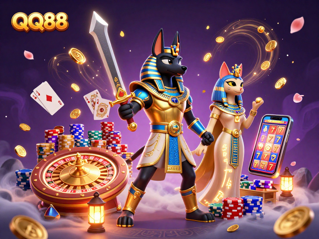 Experience thrilling gameplay at QQ88 with ancient Egyptian characters, fierce battles, and casino excitement.