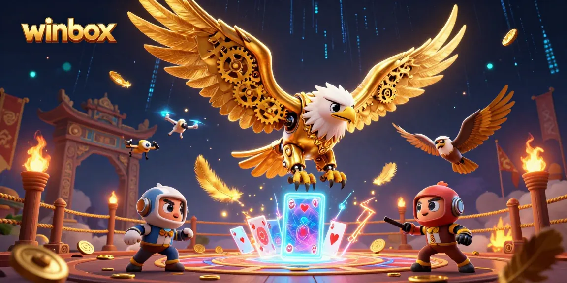 Winbox journey through holographic playing cards with a cybernetic eagle amid vibrant casino elements.