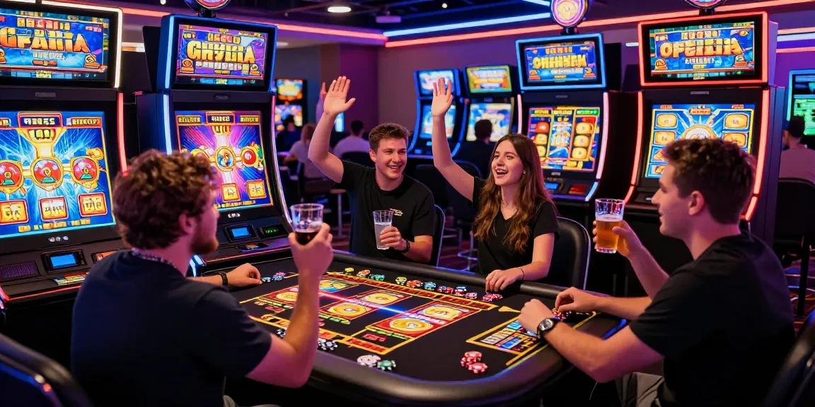 Exciting HWGSLOT gaming scene with players celebrating wins and vibrant slot machines.