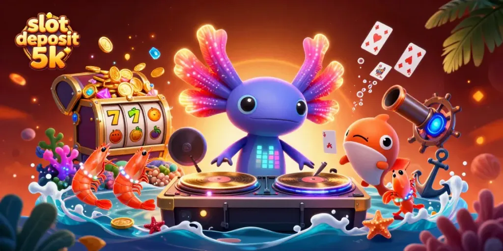 Engage with slot deposit 5k excitement in a vibrant underwater casino scene featuring animated characters.