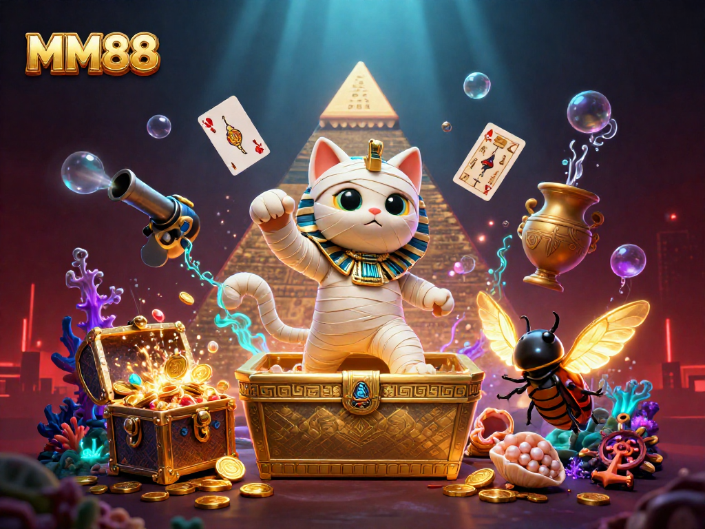 Win big at MM88 with a vibrant 3D illustration of an Egyptian mummy cat and treasures!