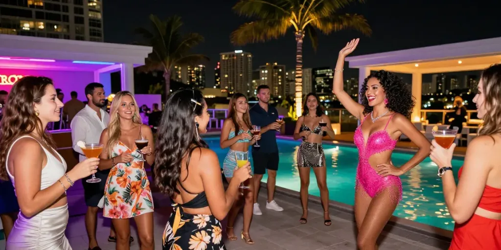 Strippers in Miami perform at a vibrant rooftop party with a lively atmosphere and city skyline.