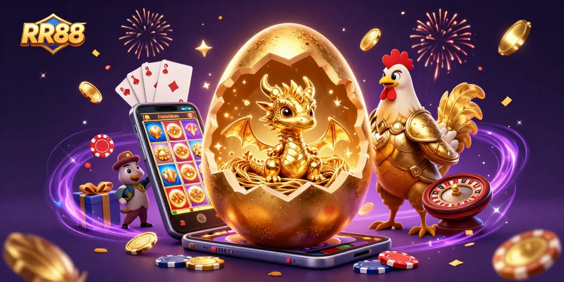 Experience the luxury of winning with RR88's vibrant 3D casino illustration featuring gold elements and games.