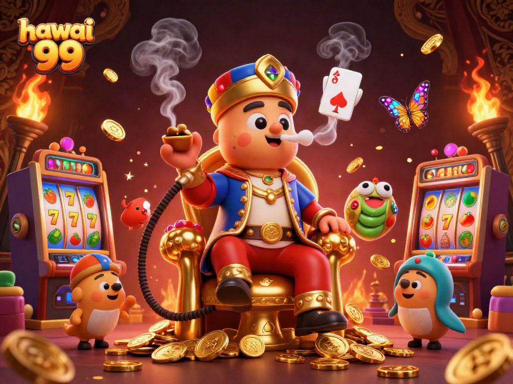 Engage with hawai 99 slot games in a vibrant 3D casino illustration showcasing colorful machines.