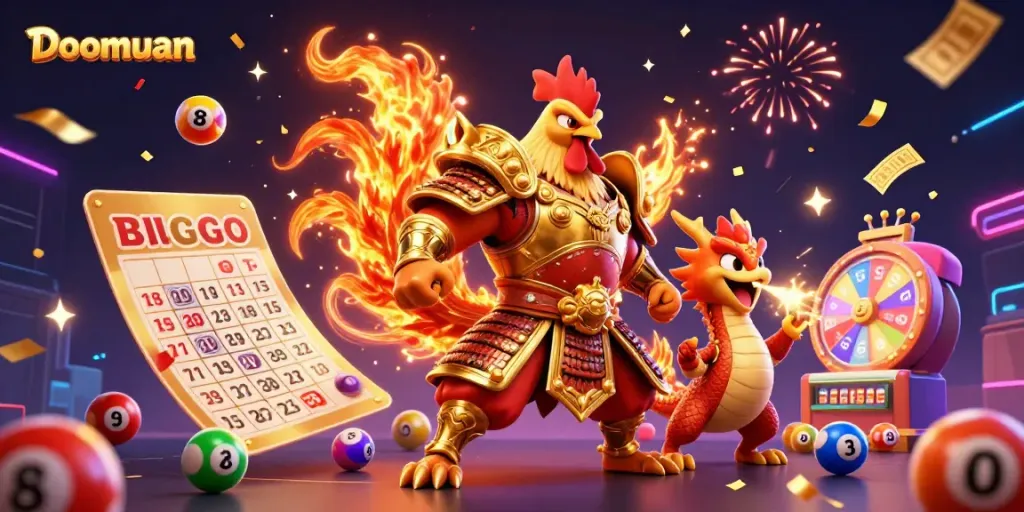 Doomuan features a vibrant 3D illustration capturing a rooster warrior and dragon hatchling amidst joyful casino elements.