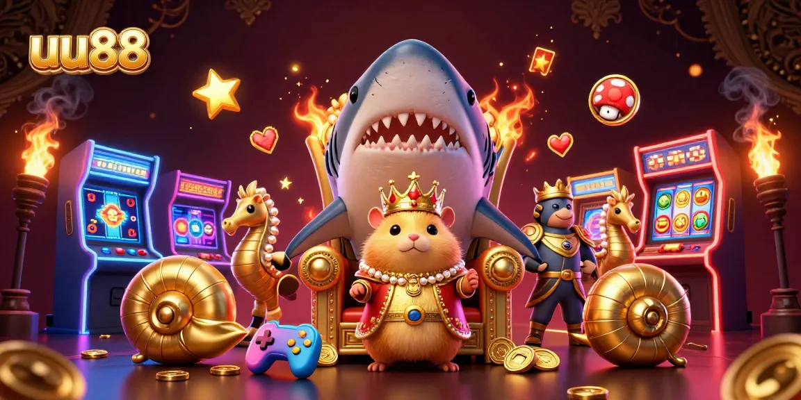 uu88 features a golden hamster king with seahorse guards in a vibrant 3D casino universe.