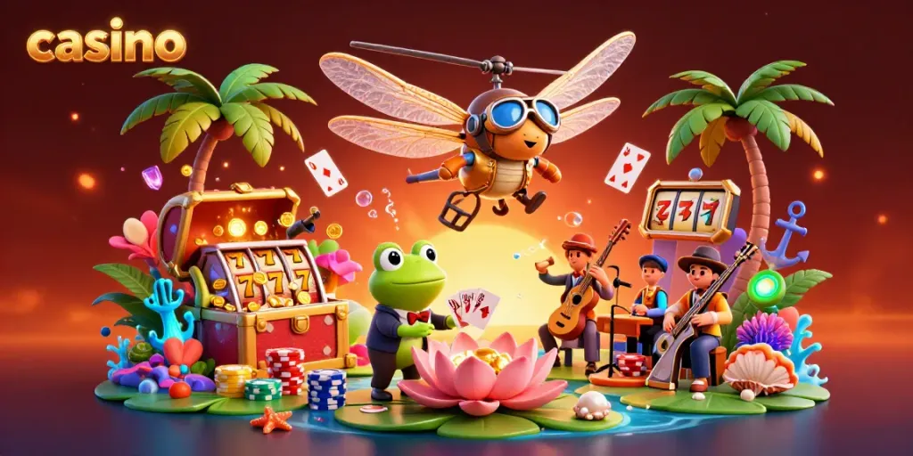 Casino-themed 3D scene featuring a dragonfly pilot, frog dealer, and jazz musician characters amid vibrant game elements.