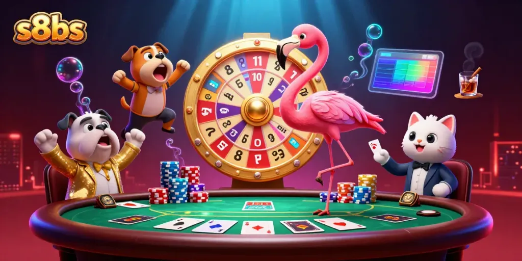Experience the thrill of gambling with s8bs in an engaging 3D casino scene featuring colorful poker elements.