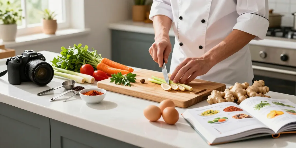 Chef preparing nutritious meals with fresh ingredients like ginger and eggs in a bright kitchen, focusing on เว็บสล็อต health benefits.