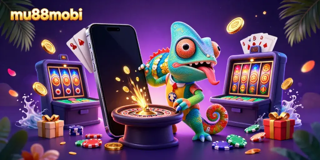 Engage in thrilling gameplay at mu88mobi with dynamic casino elements and vibrant chameleon mascot.