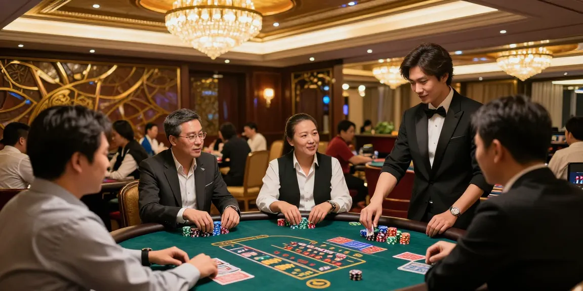 Exciting rokok88 casino gaming scene with players at tables in luxurious Asian-themed decor.