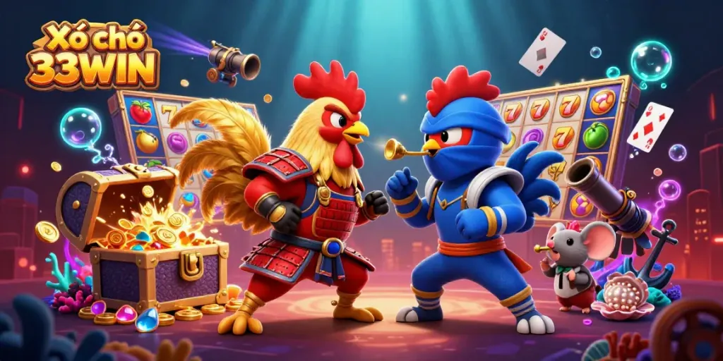 Xổ số 33WIN features energetic rooster duel amid slots and casino treasures.