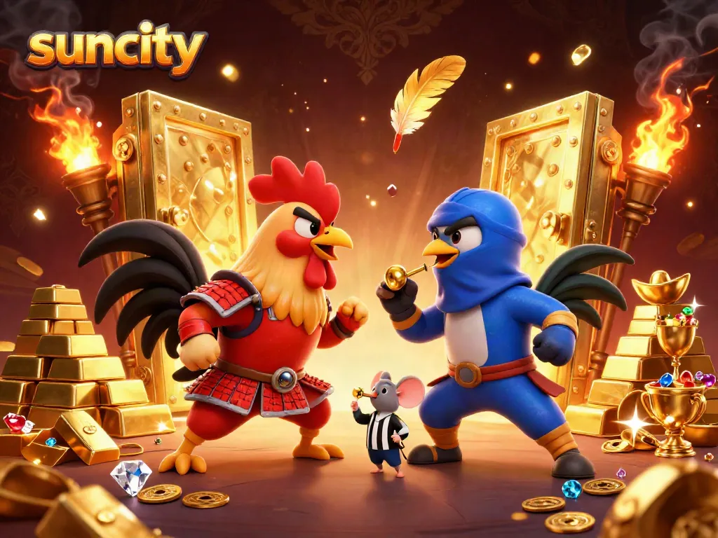 Engage in thrilling action with suncity's fierce rooster warriors in a luxurious casino showdown.