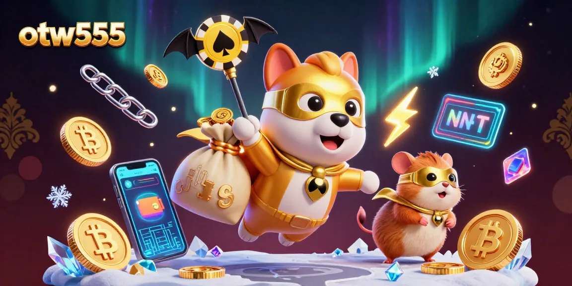 otw555 showcases an exciting cartoon scene with a superhero dog and hamster among cryptocurrency elements