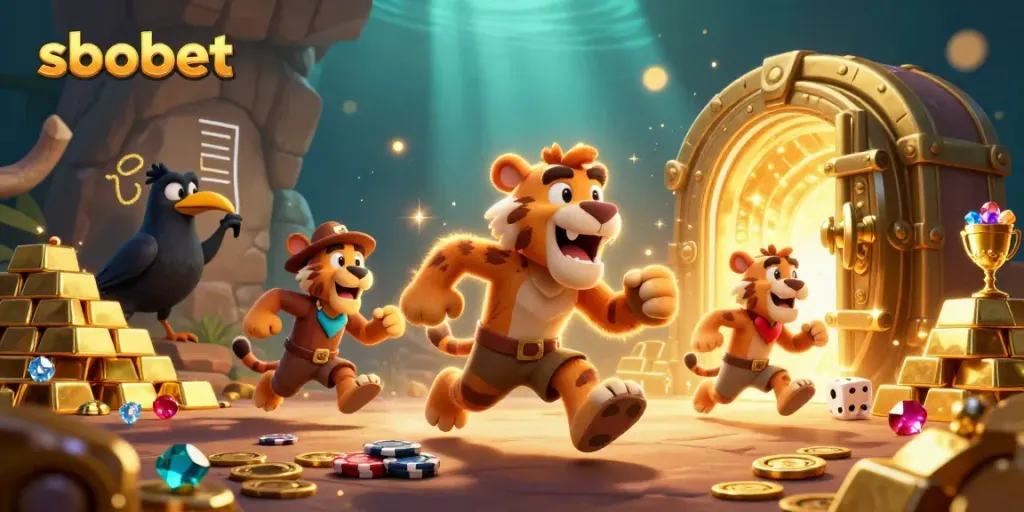 Engage in sbobet's thrilling betting experience with a vibrant prehistoric casino scene.