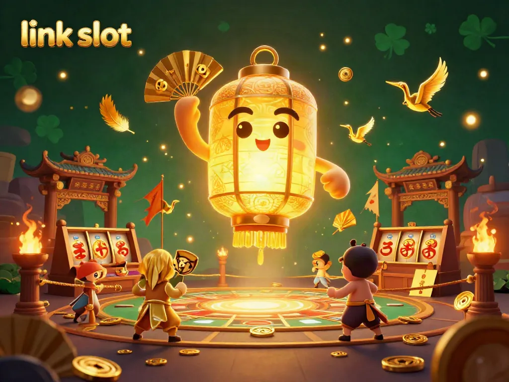 Experience thrilling wins with link slot in a vibrant casino scene filled with lucky symbols.
