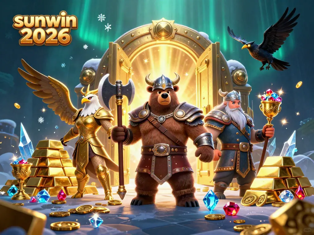 Engage in thrilling wins at sunwin 2026 with a 3D cartoon Viking scene featuring treasures and excitement.