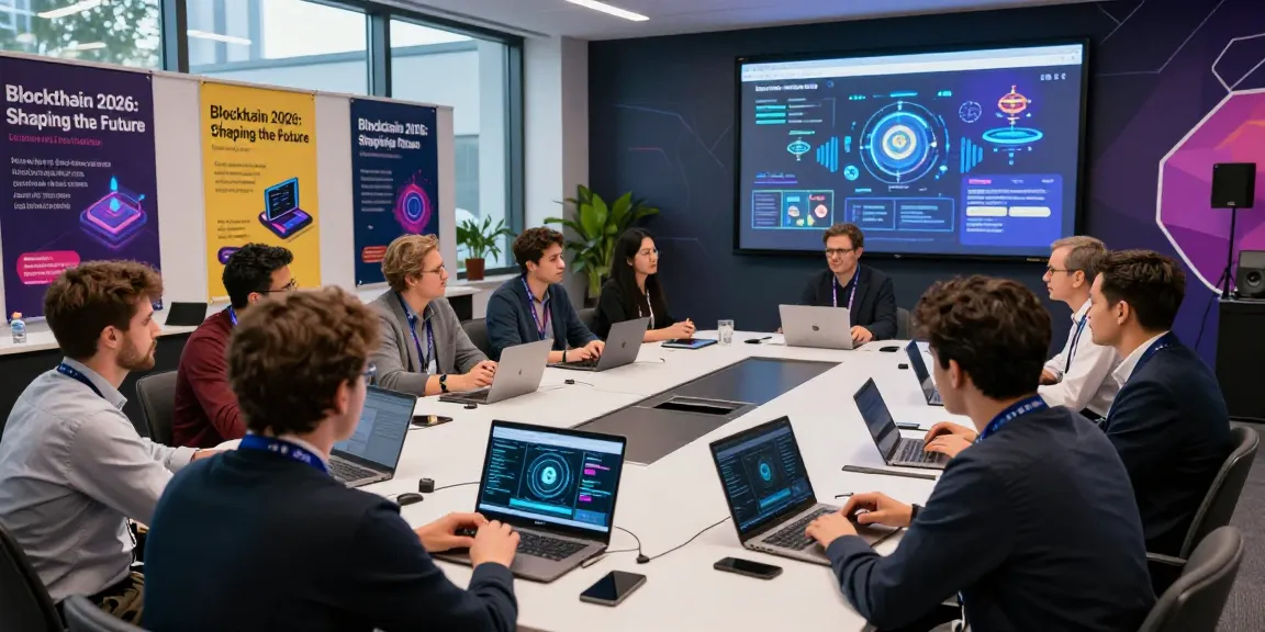 Dynamic blockchain conference scene showcasing professionals discussing innovations for blockchain 2026 with digital displays.