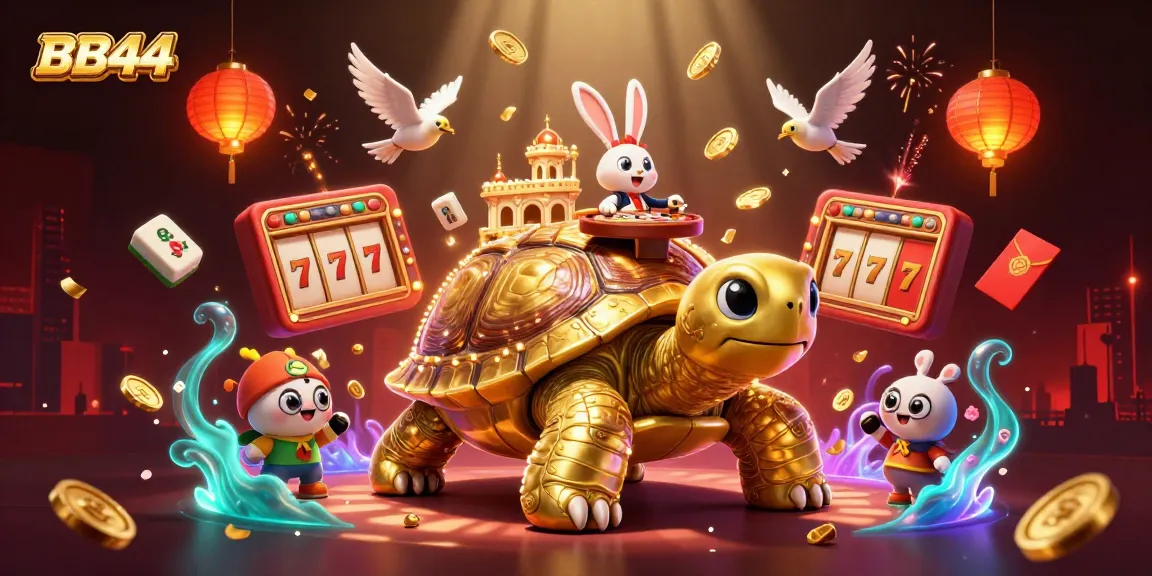 Experience vibrant BB44 casino gaming with a tortoise-themed illustrated world filled with slots and fortune.