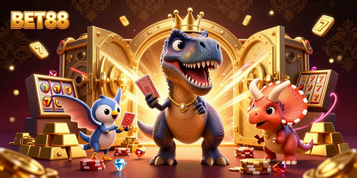 BET88 offers a vibrant casino scene with cartoon dinosaurs in action, promoting fun and gaming excitement.