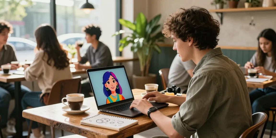 Engaging chat with an AI girlfriend on a laptop in a cozy café