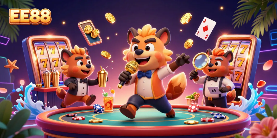 Join the laughter at EE88 casino with hyenas enjoying slots and drinks, creating a fun gaming experience.